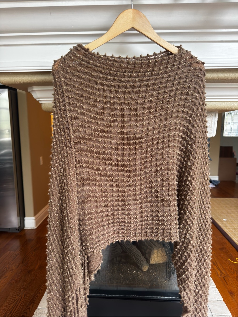 Brown Boucle Knit Poncho Gold Thread Fringe Minimalist Art to Wear Lagenlook - Picture 2 of 5